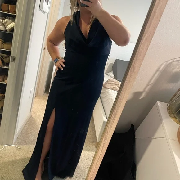 Adrianna Papell Midnight Blue Crepe Cowl Neck X-back Gown 16 NEW Adrianna Papell Midnight Blue Crepe Cowl Neck X-back Gown 16 NEW